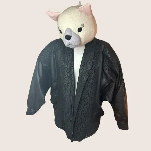 🖤 VTG 1980s WINLOCK GENUINE LEATHER JACKET COAT LEOPARD ANIMAL CONTRAST MEDIUM - Picture 2 of 14